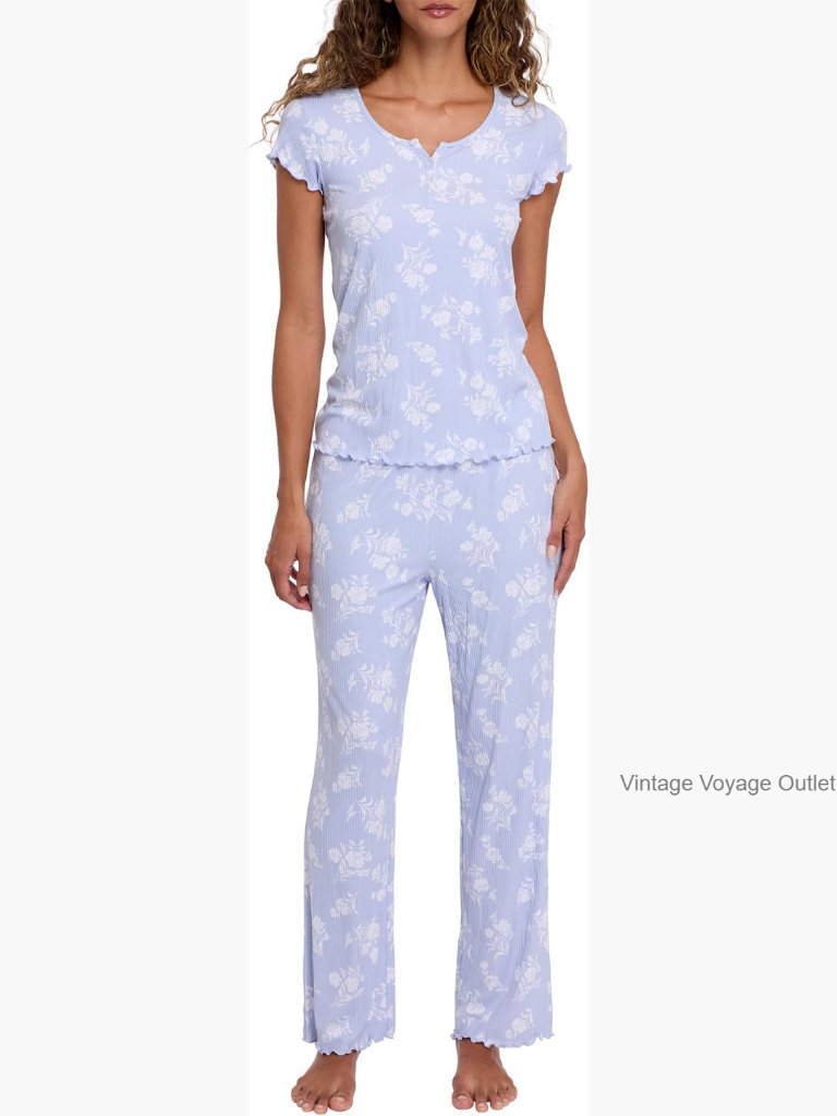 Women's 2 Piece Ribbed Henley Pajama Set - Short Sleeve Top And Pants